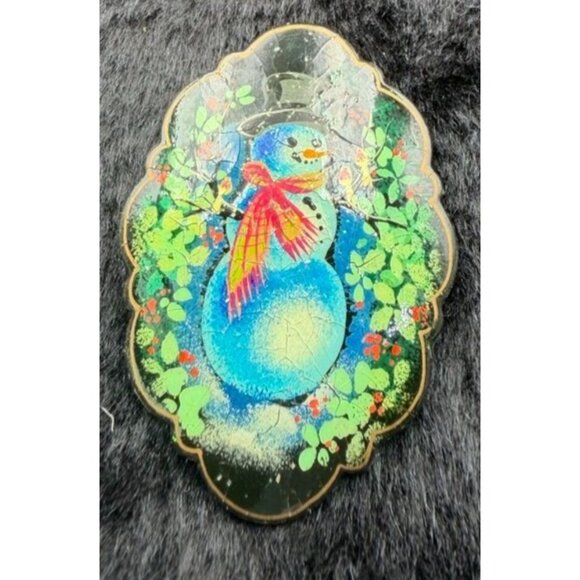 Vintage Signed Russian Folk Art Snowman Christmas Black Lacquer Brooch - Picture 1 of 3